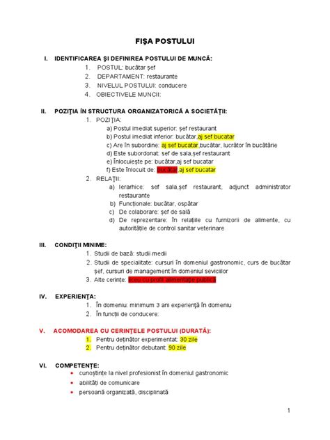 Exemplu de fișă de post cu secțiuni distincte: date generale, responsabilități, cerințe.