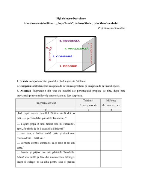 Exemplu de fișă de lucru bazată pe Metoda Cubului, cu secțiuni dedicate descrierii, comparării, analizei, aplicării, argumentării și inventării.