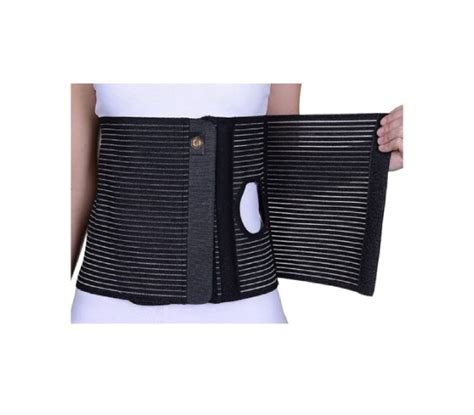 Ilustrație a unui corset abdominal postoperator, cu accent pe zonele de compresie și materialul elastic