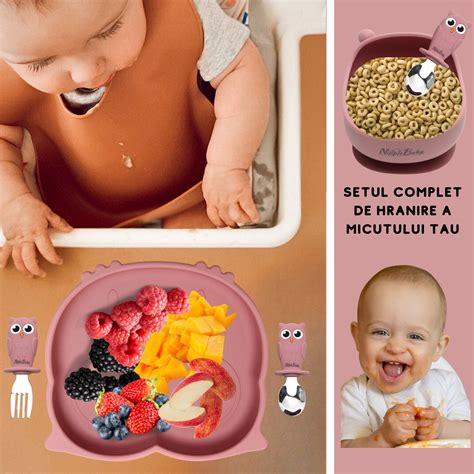 O imagine cu un set complet de veselă pentru autodiversificare: bol cu ventuză, bavetă cu buzunar și pahar.