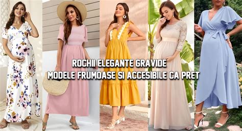 ilustrație cu modele de rochii pentru gravide, cu siluete fluide și imprimeuri moderne