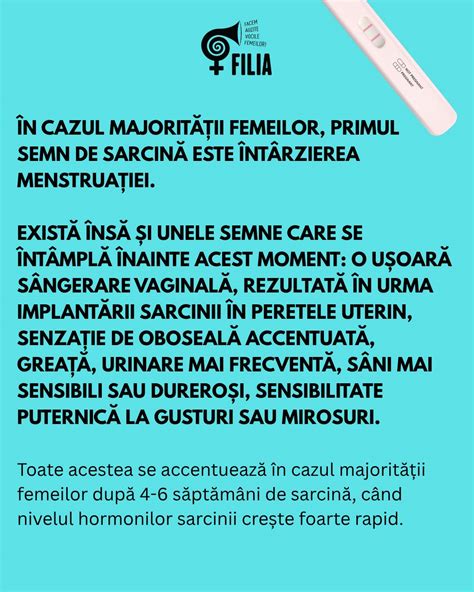 Infografic cu primele semne ale sarcinii: greață, oboseală, sâni sensibili, urinări frecvente, sângerare de implantare.