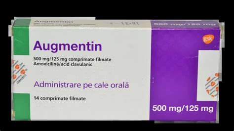 Fotografie a ambalajului Augmentin 500 mg/125 mg, evidențiind data de expirare și instrucțiunile de păstrare.