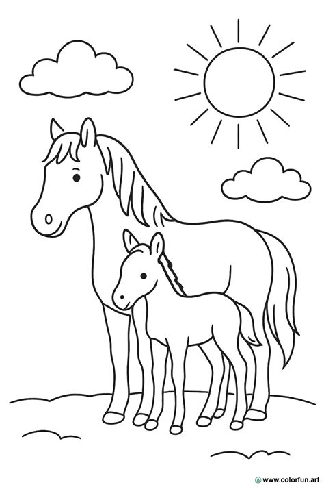 Ilustrație cu mama cal și mânz, cu un biberon în prim plan, sugerând o scenă de îngrijire.