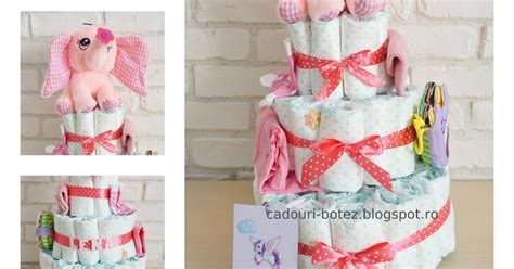 Exemplu de tort din scutece descompus, arătând conținutul: scutece, jucărie, accesorii.