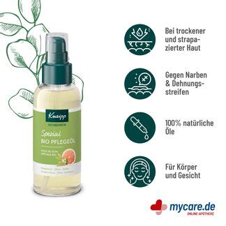 Fotografie de produs cu sticla de Kneipp Bio Ulei Regenerator Grapefruit Olive Safflower, prezentând eticheta cu ingrediente naturale.