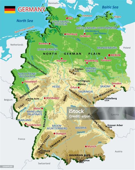 Hartă geografică a Germaniei cu evidențierea unor locații menționate în basmele fraților Grimm.