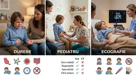 Infografic cu alimente recomandate și de evitat în caz de dureri abdominale la copii.