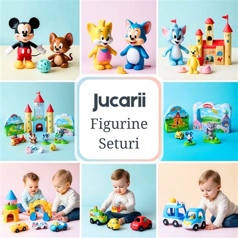 Infografic cu tipuri de jucării de baie: rățuște, figurine, jucării interactive, seturi pentru joacă