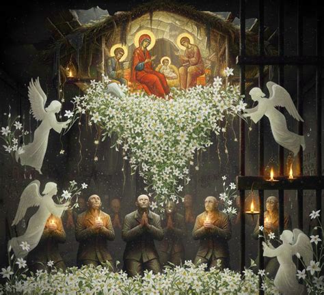 Reprezentare stilizată a peșterii din Betleem, cu iesle și lumina divină coborând din cer