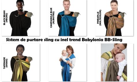 Colaj foto cu diferite tipuri de sisteme de purtare (sling, wrap, mei tai, marsupiu), prezentând diversitatea lor.