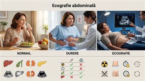 Infografic cu organele principale ale abdomenului examinate prin ecografie.