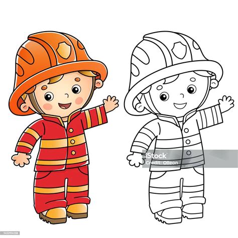 Ilustrație cu costumul de pompier pentru copii, evidențiind detaliile tricoului și pantalonilor.