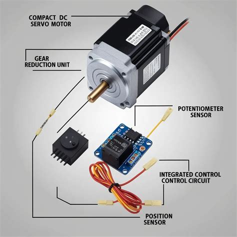 Diagrama bloc a unui servomotor, arătând motorul DC, reductorul și senzorul de feedback.