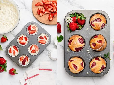 Colaj foto cu diverse preparate cu căpșuni pentru bebeluși: piureuri, brioșe, smoothie