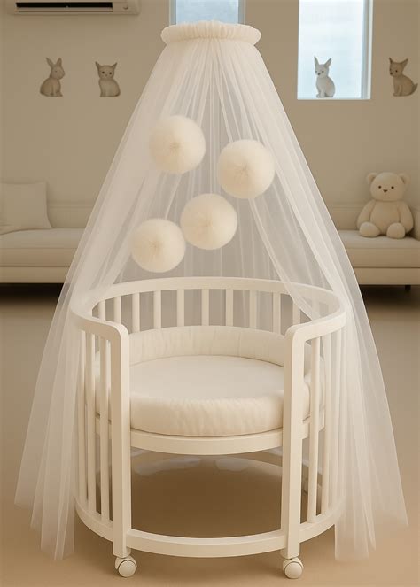 Imagine cu un pătuț cu baldachin, subliniind protecția și confortul