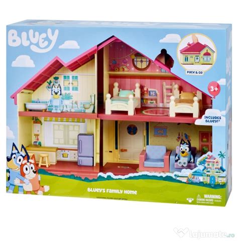 Ilustrație cu casa lui Bluey și elemente din jocul Minecraft.