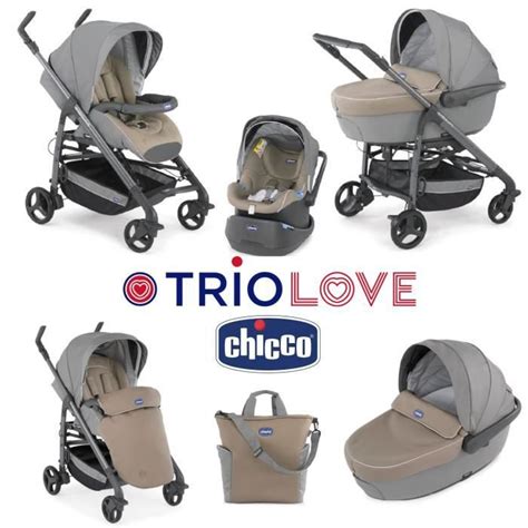 Infografic cu caracteristicile cheie ale sistemului de călătorie Chicco Trio Love: tipul (sistem de călătorie), vârsta recomandată, numărul de locuri, pliere, baldachin, număr roți, culoare, greutate maximă bebeluș.