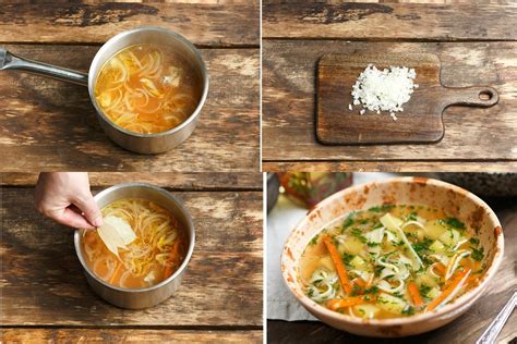 Diagramă simplă arătând pașii de preparare a supei de legume pentru bebeluși: fierbere, pasare, amestecare.