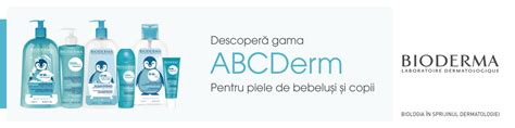 Ilustratie cu diverse produse din gama Bioderma ABCDerm, subliniind ambalajul specific si denumirile produselor.