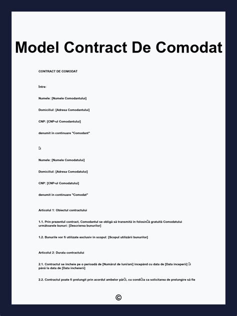 Diagramă simplificată a structurii unui contract de comodat